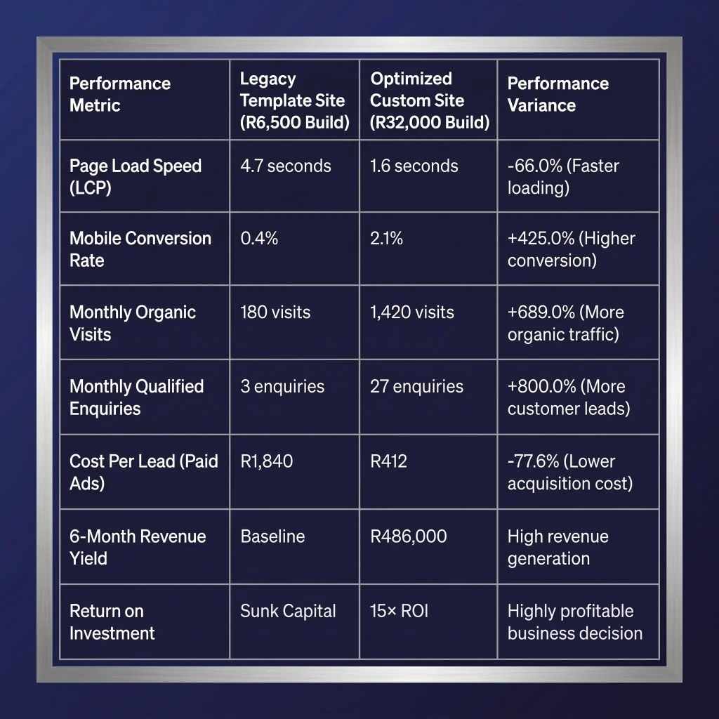Case study data table comparing a legacy template website to an optimized custom WordPress site, showing a reduction in cost per lead from R1,840 to R412 and a 425% increase in conversion rate.