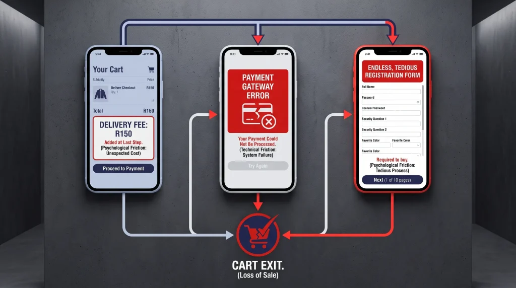 checkout friction infographic displaying the causes of cart abandonment in South African online stores.