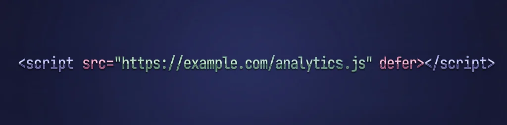 Example of HTML script tag with a defer attribute used to manually defer non-critical JavaScript for faster website page speed.