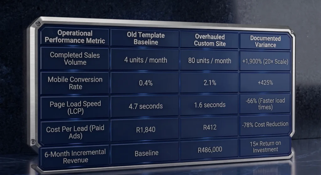 A 3D data table showing a conversion case study for cart abandonment South Africa. It displays performance metrics comparing an old template baseline to a custom site overhaul, highlighting a sales increase from 4 to 80 units per month, a mobile conversion rate jump from 0.4% to 2.1%, and a page load speed drop from 4.7 to 1.6 seconds.