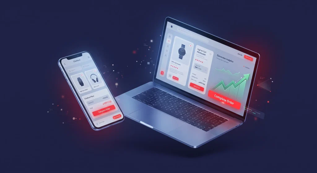 Ecommerce website design South Africa mockup showing a high-converting online store on mobile and desktop screens.