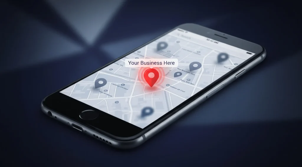 Mobile smartphone displaying local map pack rankings for a local SEO South Africa campaign.