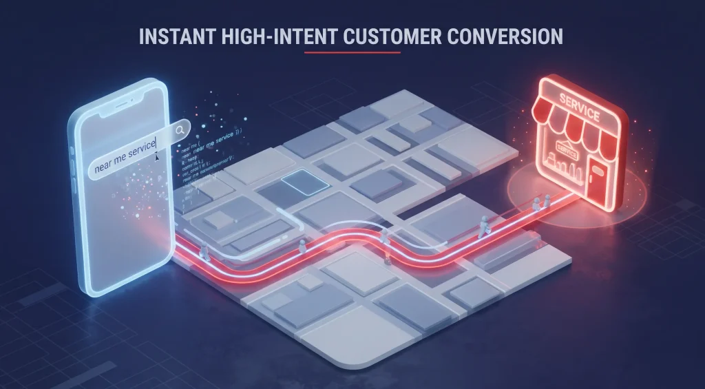 Abstract 3D graphic showing the high-intent customer journey from a local map search to a business conversion.