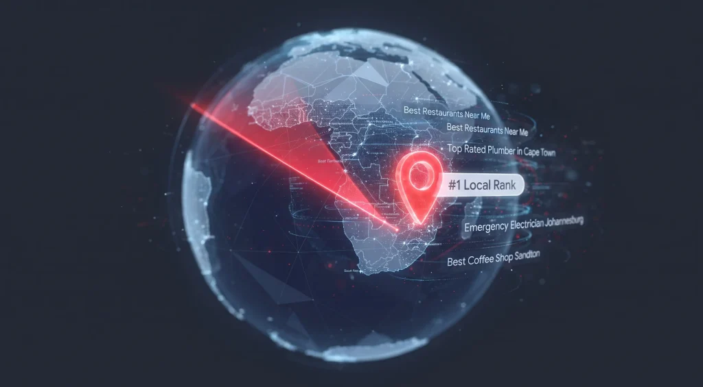 3D digital radar graphic illustrating local SEO South Africa strategies and pinpoint map pack targeting.