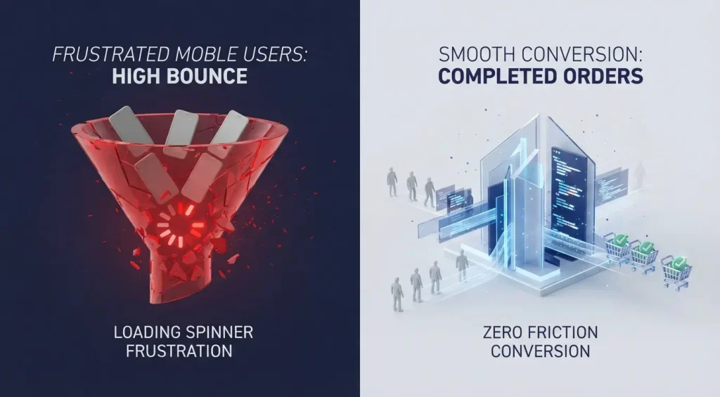 3D visual comparing slow loading bounce rates with fast mobile page speed optimization for South African e-commerce stores.