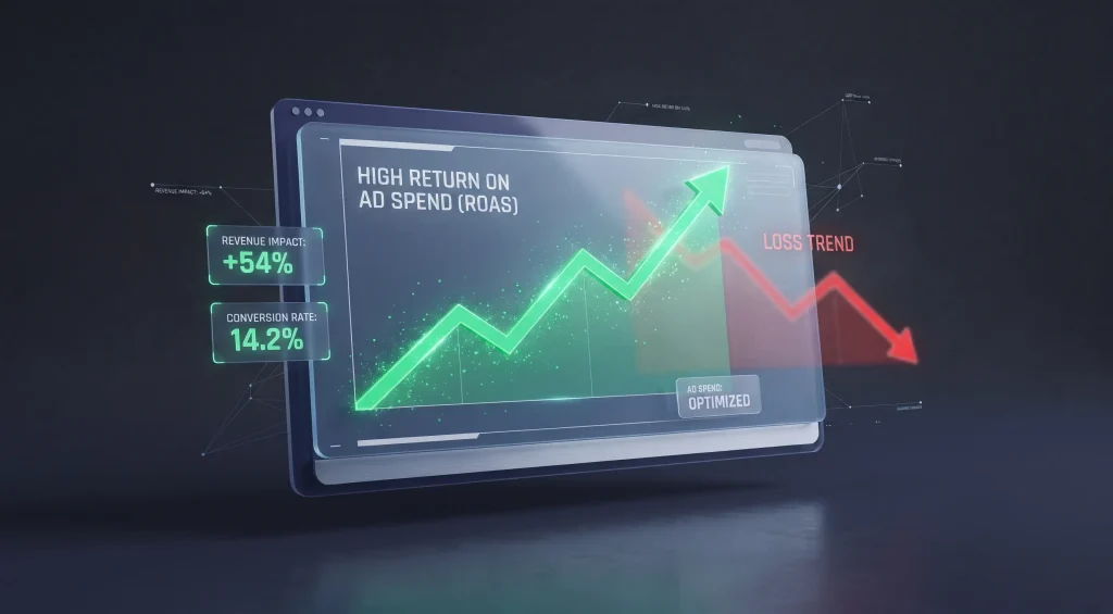 Paid social media advertising South Africa dashboard showing high return on ad spend and conversion metrics.