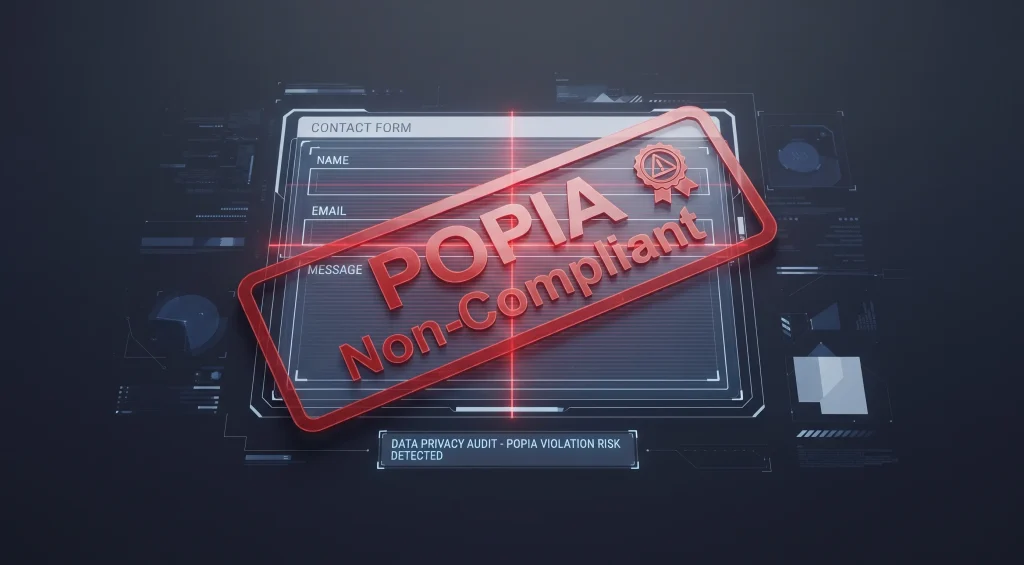POPIA compliance South Africa risk showing a warning graphic over a small business website data form.