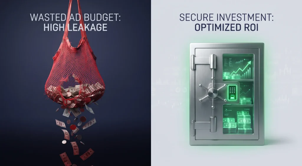 3D visual comparing wasted social media ad spend with profitable performance marketing strategies in South Africa.