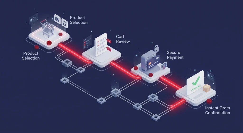 Isometric infographic mapping out a frictionless e-commerce checkout flow for South African online stores.