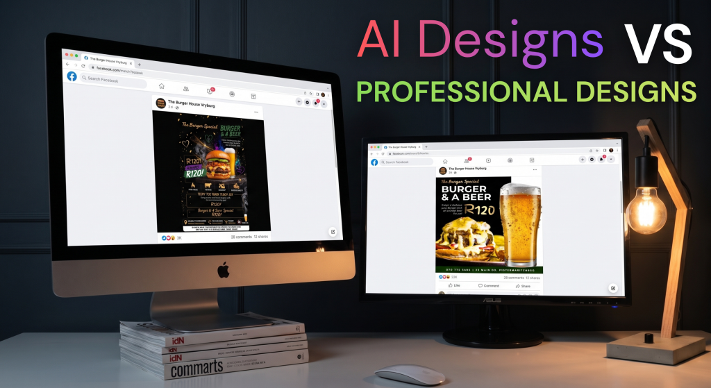 Side-by-side workspace comparison of synthetic AI social media design and professional human-created brand content.